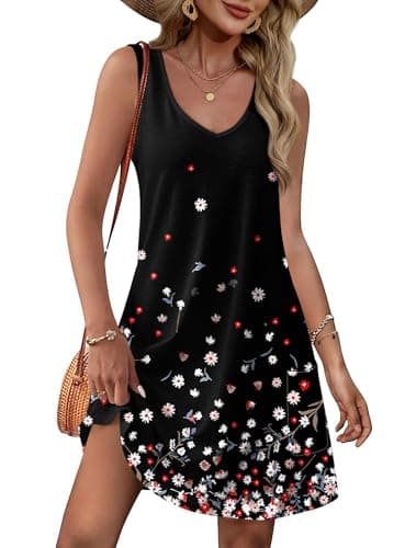 OFEEFAN Black Dresses for Women Loose V Neck Swing Tank Casual Sundresses Boho Hawaiian Floral 28 L - Image 1