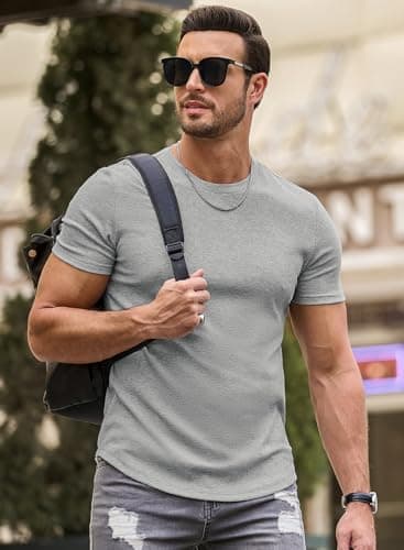 JMIERR Mens Short Sleeve T Shirt Muscle Slim Fitted Summer Shirt Crewneck Longline Tees Shirts for Gym Workout Athletic, US 46(XL), Grey - Image 7