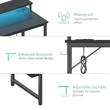 Lufeiya Black Gaming Desk with LED Lights and Power Outlets, 40 Inch Teen Writing Study Table Home Office Desks with Monitor Stand, Computer Desk with Charging Station USB Port, Black - Image 8