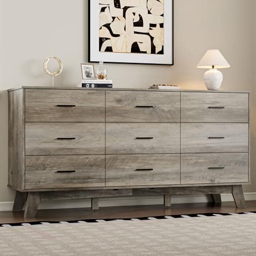 BORNOON Dresser for Bedroom with 9-Drawer, 59" Wide Modern Chest of Drawers with Metal Handles, X-Shape Base & Adjustable Center Leg, Anti-Tip Closet Organizers and Storage - Image 1