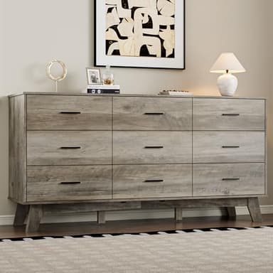 BORNOON Dresser for Bedroom with 9-Drawer, 59" Wide Modern Chest of Drawers with Metal Handles, X-Shape Base & Adjustable Center Leg, Anti-Tip Closet Organizers and Storage - Image 1