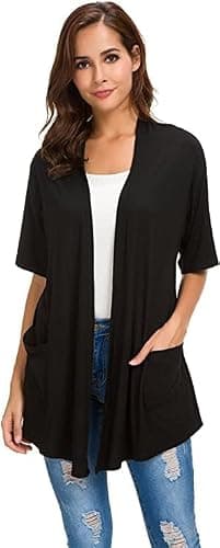 ADANIKI Womens Short Sleeve Open Front Lightweight Casual Comfy Long Line Drape Hem Soft Modal Cardigans Sweater with Two Pockets (Black, XXL) - Image 1
