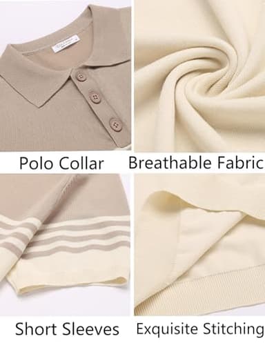 COOFANDY Mens Striped Polo Shirts Short Sleeve Striped Textured Pullover Golf Polo T Shirts, Khaki and Beige, X-Large - Image 5