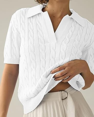 Imily Bela Women's Cable Short Sleeve Sweaters Tops Solid Lapel V Neck Knit Casual Soft Pullover Shirt White - Image 2