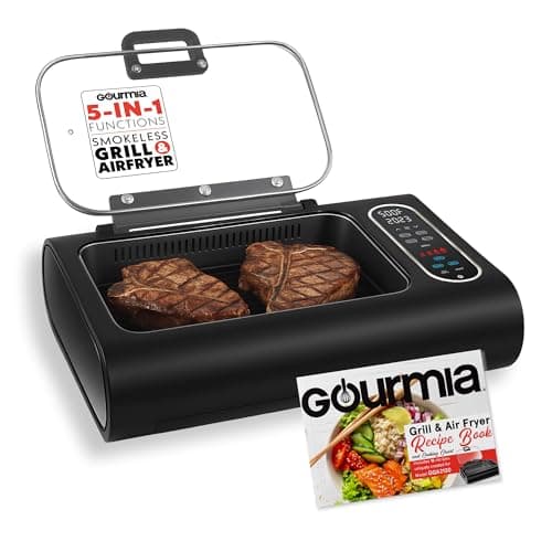 Gourmia Smokeless Indoor Grill & Air Fryer with Recipe Book – Electric Grill for Indoor Use, 5‑in‑1 Countertop Cooker, Cast-Iron Grate, 1650W, Glass Lid, Dishwasher-Safe Plates - Image 1