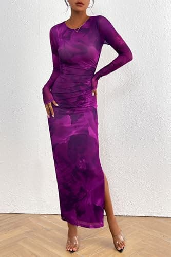 PRETTYGARDEN Women's Bodycon Maxi Dress Fall Spring Fashion Long Sleeve Floral Print Tight Fitted Party Club Ruched Dresses (Print Purple,Small) - Image 8