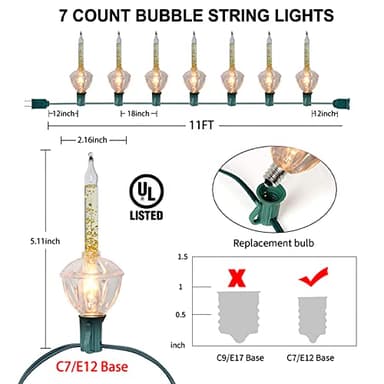 Gold Christmas Bubble Lights Set, 11Ft Vintage Christmas String Lights with 8 Golden Bubble Lights (1 Spare) C7/E12 Base, UL Listed for Indoor Outdoor Holiday Tree Fireplace Window Party Decorations - Image 2
