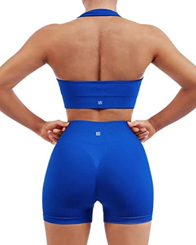 SUUKSESS Women Two Piece Seamless Ribbed Workout Sets Outfits Backless Halter Sports Bra Booty Biker Shorts (Royal Blue, M) - Image 1