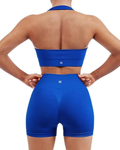 SUUKSESS Women Two Piece Seamless Ribbed Workout Sets Outfits Backless Halter Sports Bra Booty Biker Shorts (Royal Blue, M) - Image 1