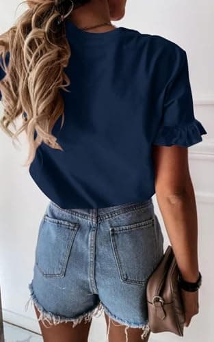 PRETTYGARDEN Women's Short Sleeve Casual T Shirts Summer Ruffle Plain Round Neck Loose Fit Tee Blouse Tops (Navy,L) - Image 3