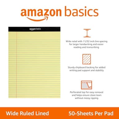 Amazon Basics 50 sheet Wide Ruled Lined Writing Note Pad, 8.5" x 11.75", 12-Pack, 600 Perforated Sheets, Canary - Image 2