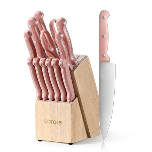 CAROTE 14 Pieces Knife Set with Block, Forged, High Carbon Stainless Steel Sharp Blade Block Knife Set, Dishwasher Safe Cutlery, Sandstone Pink - Image 1