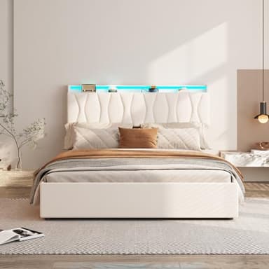 Full Size Lift Up Storage Bed Frame, Height Adjustable Storage Headboard with Charging Station, LED Lights Upholstered Platform Bed, Wooden Slat, No Box Spring Needed, Noise-Free, Beige - Image 3
