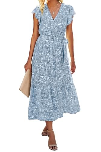 BTFBM Women Summer Bohemian Floral Casual Wrap V Neck Ruffle Cap Sleeveless Belt A-Line Pleated Hem Swing Midi Sun Dress (Light Blue, XX-Large) - Image 1