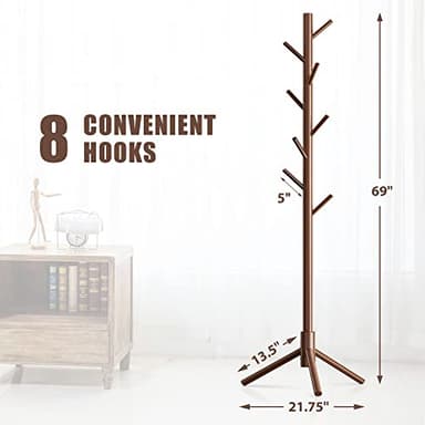 Haddockway Wooden Coat Rack Stand with 8 Hooks New Zealand Pine 3 Adjustable Coat Standing Tree Easy Assembly for Coats, Hats, Scarves and Handbags for Entryway, Hallway, Bedroom, Office - Image 2