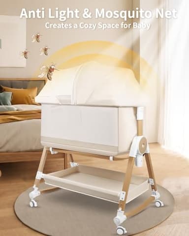 suihuooo 4 in 1 Baby Bassinet, Bassinets Bedside Sleeper with Wheels and Storage Basket, Adjustable 7 Heights Bedside Sleeper with Mosquito Net, Breathable Mesh Rocking Bassinet for Baby - Image 6