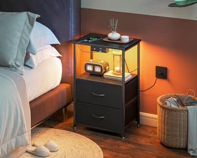 Casaottima Nightstand Set of 2 with Charger Station — USB Ports & Outlet, Bed SideTable with LED Lights, End Table with Fabric Drawers and Open Shelf, Bedside Table Night Stand for Bedroom, Black - Image 7