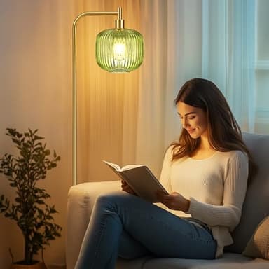 QiMH Glass Floor Lamp for Living Room, Modern Standing Lamp with Ribbed Glass Lampshade Pedal Switch, 67” Tall Lamp for Bedroom Study Room, Brushed Gold (2700K LED Bulb Included) - Image 6
