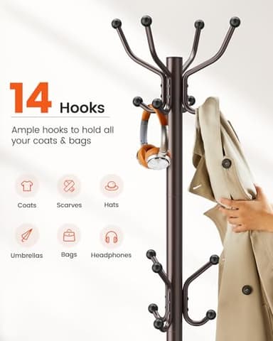 Pipishell Coat Rack with 14 Hooks, Freestanding Coat Rack Stand for Entryway, Hallway, Bedroom, and Office, Metal Coat Tree & Hat Rack for Coats, Hats, and Bags, Brown - Image 3
