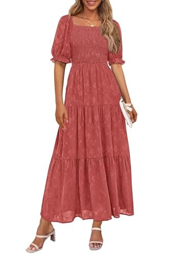 PRETTYGARDEN Women's 2025 Summer Casual Midi Dresses Square Neck Short Sleeve Smocked A Line Floral Flowy Elegant Boho Dress (Bean Paste Red,Medium) - Image 1
