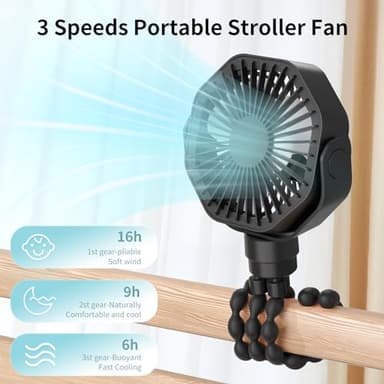 Lerat Portable Stroller Fan With Flexible Tripod, 3 Speeds Rechargeable Handheld Personal Fan, 360 Rotate Battery Operated Clip On Fans for Car Seat Crib Bike Treadmill Black - Image 6