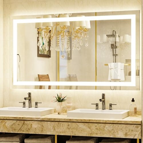 XRAMFY 55'' x 30'' LED Bathroom Mirror with Lights, Wall Mirror with Front and Backlight, 3 Colors Vanity Mirror with Lights, Anti-Fog Wall Mirror for Bathroom - Image 1