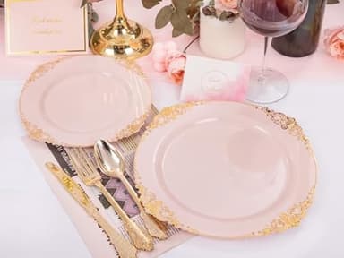 Joyido 102PCS Pink Plastic Plates - Pink and Gold Plate - Heavyweight Disposable Plate with Gold Rim - Fancy Dinner & Dessert Plates for 51 Guests Weddings & Parties - Image 8
