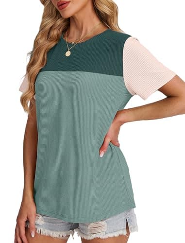 WIHOLL Ladies Tops and Blouses Color Block Ribbed Shirts Going Out Tops for Women Crewneck Womens Spring Fashion 2025 Green 2XL - Image 4