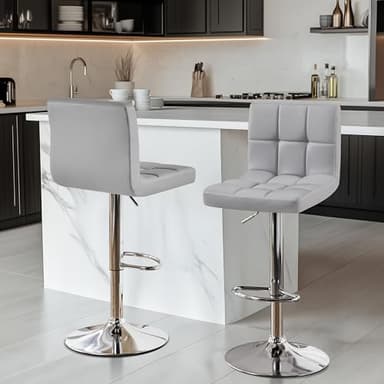 Yaheetech Bar Stools Set of 2, PU Leather Adjustable Barstools, Modern Counter Stools with Back and Footrest, Counter Height Barstools for Bar, Kitchen, Dining Room, Light Gray - Image 2