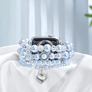 V-MORO Compatible with Apple Watch Band Series 10(42mm)/9/8/7 41mm/40mm Women Fancy Beaded Elastic Bracelet Bling Strap for iwatch SE Series 6/5/4/3/2/1 Blue,for 5.5"-6.2" Wrist - Image 5