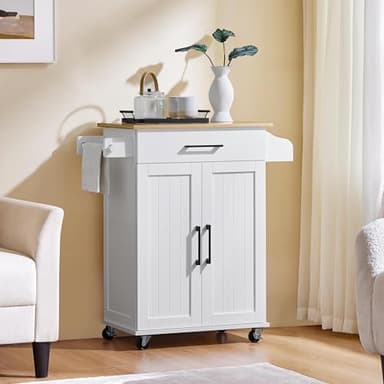 Yaheetech Kitchen Cart with Bamboo Tabletop, 32" Width Rolling Kitchen Island with Drawer and Adjustable Shelf, Storage Cabinet with Spice Rack Towel Bar for Dining Room Kitchen Living Room, White - Image 3