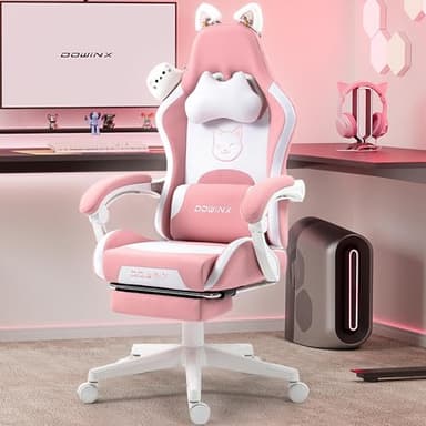 Dowinx Gaming Chair Cute with Cat Ears and Massage Lumbar Support, Ergonomic Computer Chair for Girl with Footrest and Headrest, Comfortable Reclining Game Chair 290lbs for Adult, Teen, Pink - Image 1