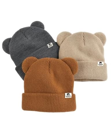 FURTALK Baby Beanie Winter Hat with Bear Ear for Infant Toddler Boys Girls Soft Knitted Skull Cap Dark Grey+Khaki+Caramel 0-6 Months - Image 1
