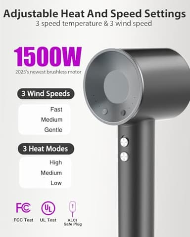 Hair Dryer with Carry Case, 160000 RPM Professional High-Speed Ionic Blow Dryer 200 Millions Negative Ionic&3 Speeds&3 Temps& Low Noise, Hairdryer with diffuser for Faster Drying, No Heat Damage, Gray - Image 4