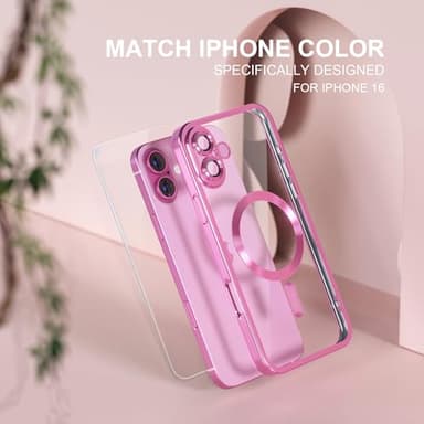 Misea Magnetic for iPhone 16 Case Compatible with MagSafe [Never Yellowing] [Military Grade Drop Protection] Full Camera Lens Protector Plating Soft Clear Phone Case for Women 6.1 inch, Hot Pink - Image 7