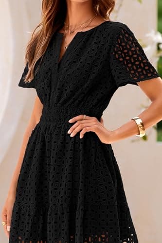 PRETTYGARDEN Womens 2025 Summer Short Dress V Neck Short Sleeve A Line Hollow Out Lace Ruffle Cute Casual Beach Party Dresses (Black,X-Large) - Image 8