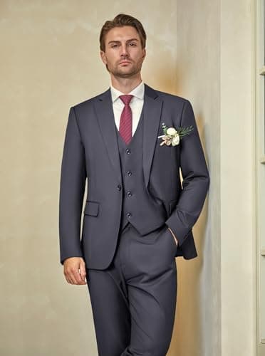 WULFUL Men’s Slim Fit Suit One Button 3-Piece Blazer Dress Business Wedding Party Jacket Vest & Pant - Image 3