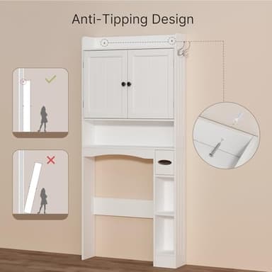 Ahomly Over The Toilet Storage Cabinet, 32.3" W Over Toilet Bathroom Organizer with Doors, Adjustable Shelves, Toilet Paper Holder, 2 Side Hooks, Space-Saver for Bathroom, Laundry, White - Image 6