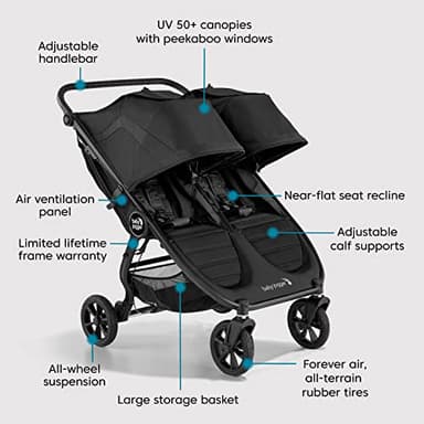 Baby Jogger City Mini GT2 All-Terrain Double Stroller with Forever Air Rubber Tires and All-Wheel Suspension Pike Exclusive Includes Belly Bars Leatherette Handlebar and Premium Fabric - Image 7