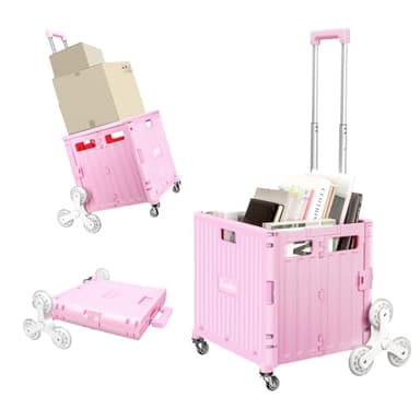 Foldable Rolling Cart for Stair Climbing: Rolling Crate for Grocery File Office Book (Pink) - Image 1