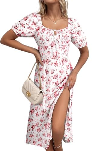 BLENCOT Womens Summer Casual Floral Dress Square Neck Puff Sleeve Boho Split Midi Long Dress P20120 Medium - Image 5