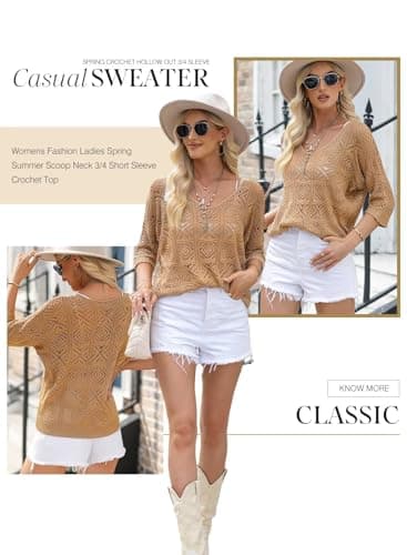 Dokotoo Summer Sweaters for Women 2025 Knitted Tops 3/4 Short Sleeve Camel Sweaters Round Neck Blouses for Women Dressy Casual Crochet Pullover Sweater Large - Image 6