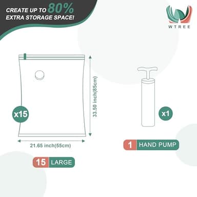 WTREE Vacuum Storage Bags, Space Saver Bags, Vacuum Sealed Bags for Comforters, Blankets, Clothes Storage, Hand Pump Included, 15-Large - Image 4