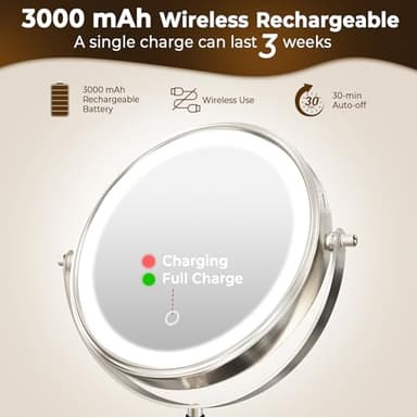 CONLWIN 8" Wall Mounted Lighted Makeup Mirror, 3000mAh Rechargeable Double Sided 1X/10X Magnifying Mirror with Hook, 3 Color Lights Touch Dimmable 360° Rotation Vanity Mirror for Bathroom - Image 2