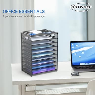 OUTWOLF 10 Tier Paper Organizer - Letter Tray Mesh Desk File Organizer with Handles for Office School Desktop, Black - Image 6