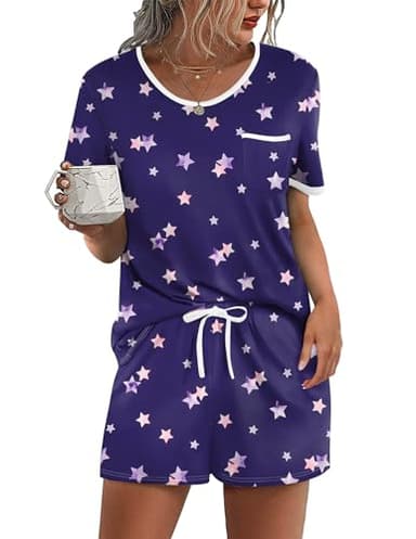 Ekouaer Pajama Set for Women 2 Piece Lounge Set Short Sleeve Tops and Shorts Soft Sleepwear, Chest Pocket - Image 1