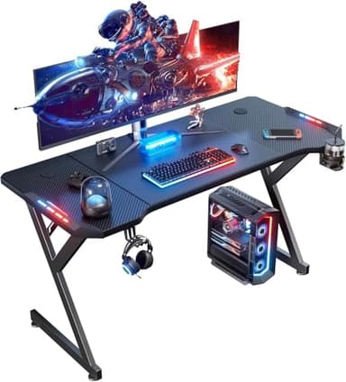 HLDIRECT 63 INCH Gaming Desk with LED Lights, Home Office Gamer Desk, Ergonomic Computer Table with Large Carbon Fiber Desktop, Office Workstation with Mouse Pad, Cup Holder & Headphone Hook, Black - Image 1