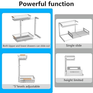 Merrylun Under Sink Organizers,5 Adjustable Height，Metal Pull Out and Storage Shelves with Sliding Drawer for Kitchen, Bathroom, White, 2 Pack（Hight 13.6″-16.9″） - Image 5