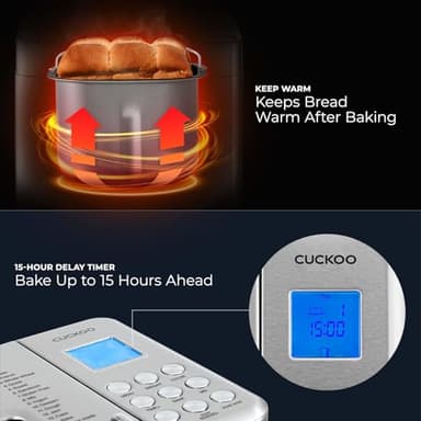 CUCKOO Bread Maker Machine with 15 Menu Options + 3 Crust Colors, 2 lbs Bread Machine with Automatic Fruit & Nut Dispenser, Includes 6 Accessories, Ideal Breadmaker for Sourdough (CBM-AAB101S) - Image 6