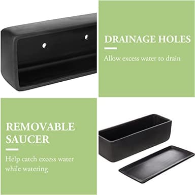 MyGift 14 Inch Ceramic Indoor Plant Pot, Rectangular Succulent Planter, Decorative Flower Planter with Drainage Hole and Removable Tray, Matte Black - Image 3